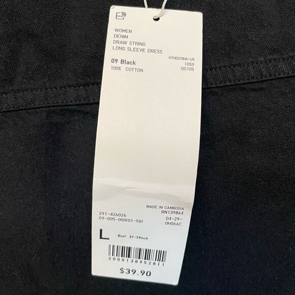 Uniqlo Denim Drawstring Long Sleeve Dress Women Large Black NWT - Picture 5 of 6